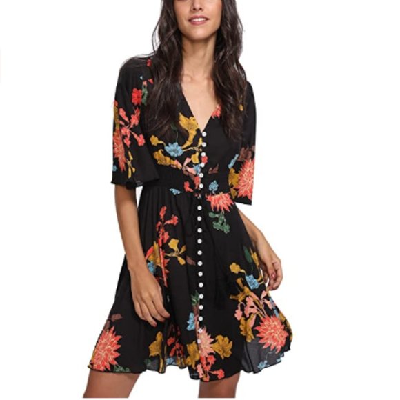 Women Boho ButtonUp Split Floral Print Party Dress - Picture 3 of 7